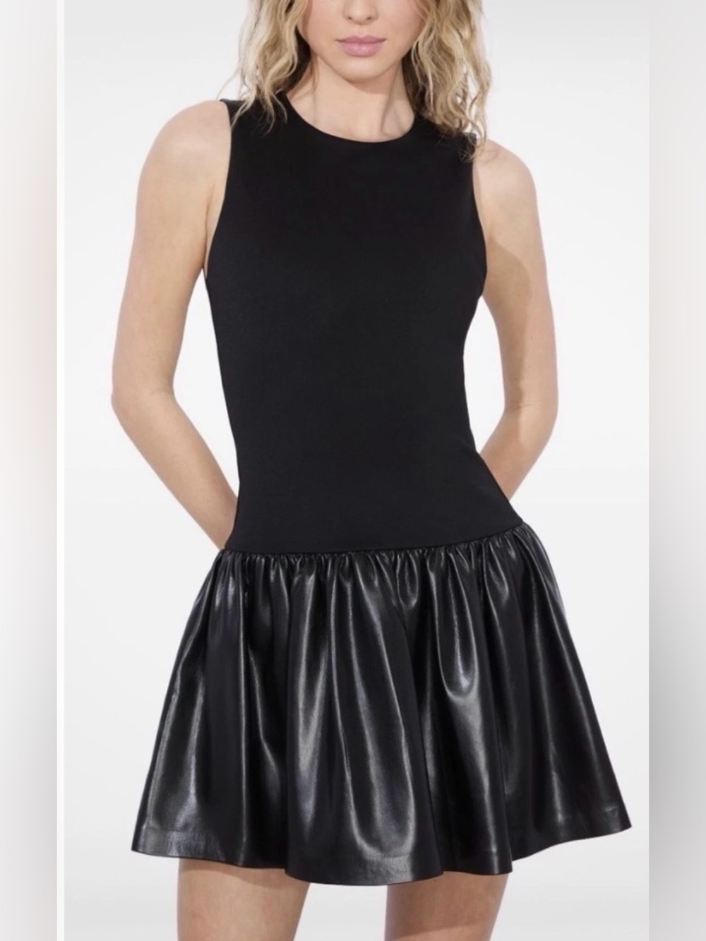 Alice + Olivia Black Drop Waist Faux Leather Hem Mini Dress Size 2 NWT